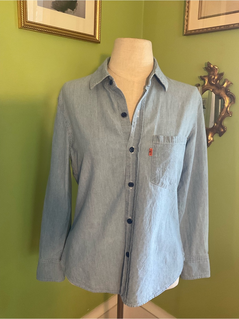 Vintage 70’s Levis Orange Tab Big E Button Up Western Chambray Shirt Women Sz‎ S